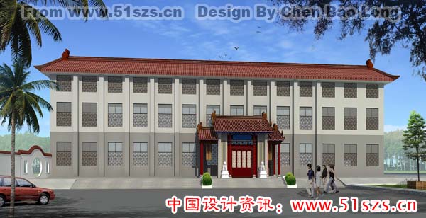学校教学楼红色瓦片斜屋顶效果图